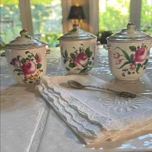 Vintage French Pots Du Crème Floral Porcelain Covered Jars - Pink Rose Motif